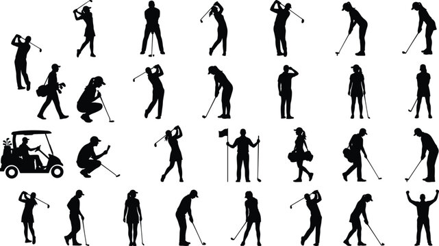 Large collection of golf player silhouettes in various poses including swinging putting driving golf cart and walking isolated on white background