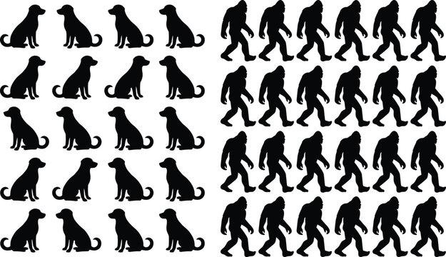 Pattern of black silhouettes featuring sitting dogs and walking bigfoot characters isolated on a white background