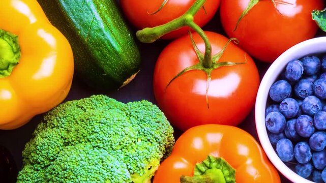 Top view of fresh vegetables including tomatoes broccoli and zucchini