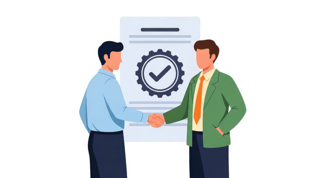 Two professionals finalizing a successful business agreement with a contract in handshake.