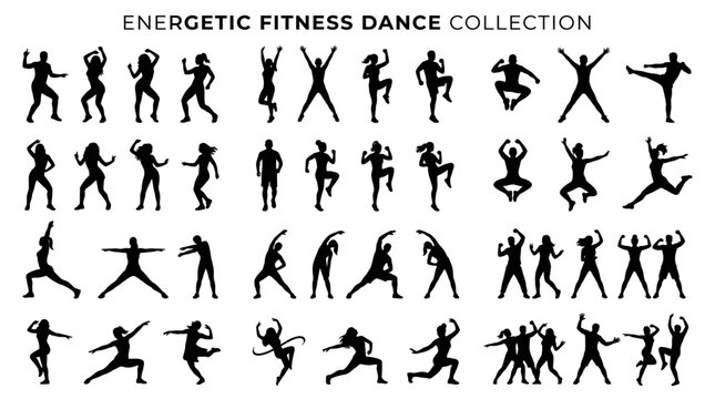 Dynamic Cardio Dance Silhouette Set with Zumba Aerobic Workout and Fitness Movement Actions