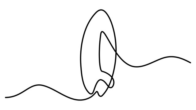 Continuous line drawing of a surfboard isolated on white background