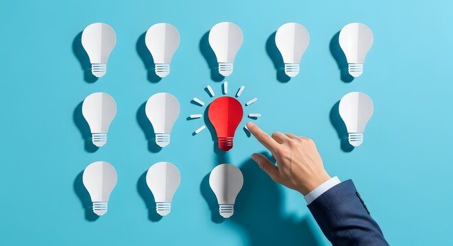 Human hand points at glowing red lightbulb among white ones representing brilliant innovative idea