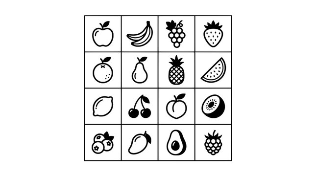 Fruit icons grid set with apple banana grape strawberry pineapple cherry lemon pear lime and other simple black outlines