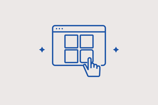 A web layout wireframe with a clicking hand cursor line icon for interactive user experience prototyping and app interface building. Vector illustration for UX/UI design courses and software testing p