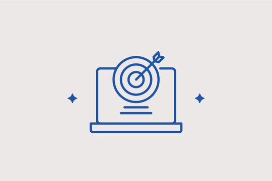 A laptop screen showing a target with an arrow line icon for digital marketing campaign targeting and business goal tracking. Vector illustration for inbound sales dashboards and freelance performance