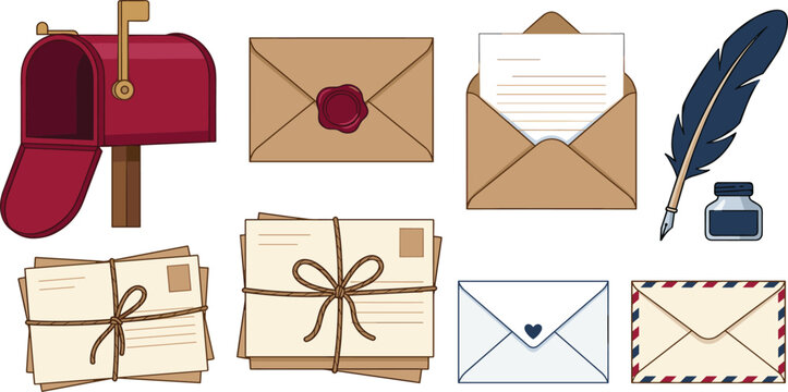 Vintage Postal Mail Vector Set with Red Mailbox Kraft Envelopes Wax Seal Inkwell Quill Pen and Tied Letter Bundles for Romantic Stationery Designs