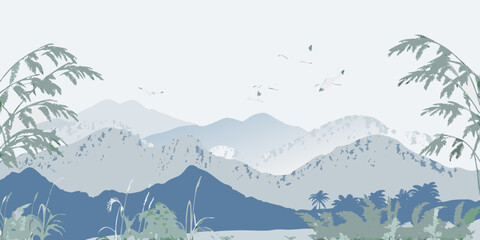 mountain landscape with birds and reeds stylized illustration © Nirob