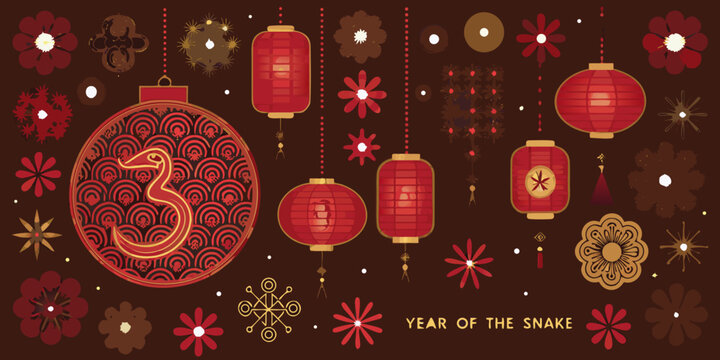 red lanterns and floral ornaments for the year of the snake