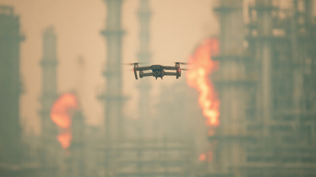 Drone flies over industrial site with flames and smoke in the background