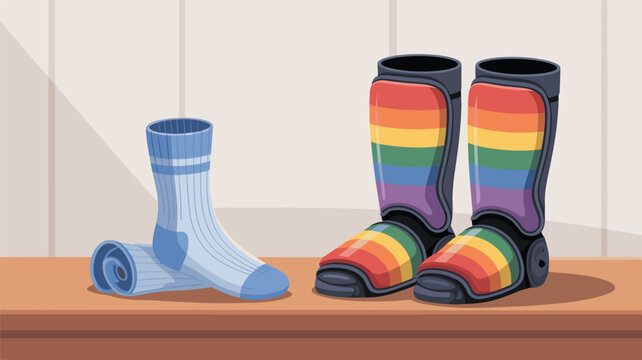 Professional sports equipment includes light blue knit socks and protective shin guards featuring a vibrant pride rainbow design.