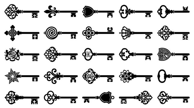 Keys set with ornate baroque cutwork, vintage decorative symbols and ornamental locks, vector style for design and security