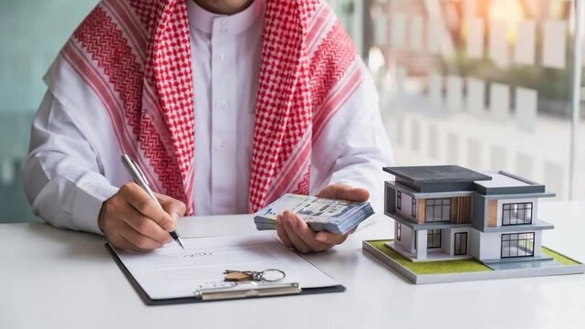 Real Estate Business and Property Investment in UAE, Saudi Arabia, Qatar, Bahrain and Kuwait, Arab Men and Women, Organization, Institute, Housing Finance, Smart Property and Home Ownership Concept