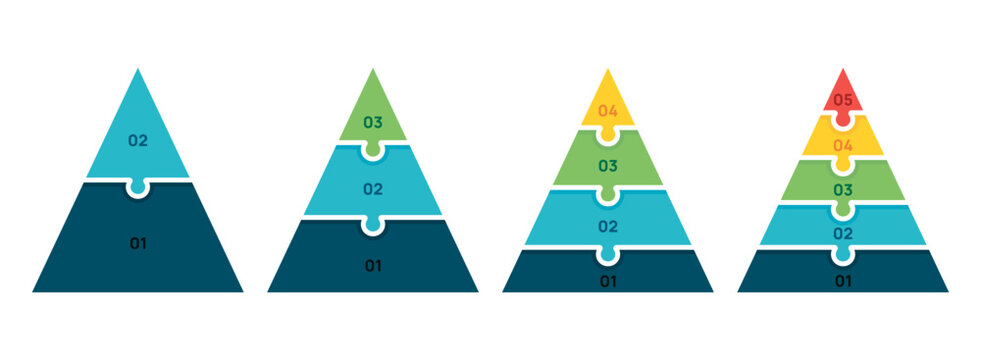 Infographic triangle pyramid chart set template 2-5 Level steps options. cycle diagram for funnel business presentation, vector illustration.