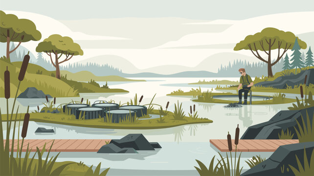 Man fishes from a small wooden pier near circular fish farm cages in a calm lake surrounded by mountains and forests.
