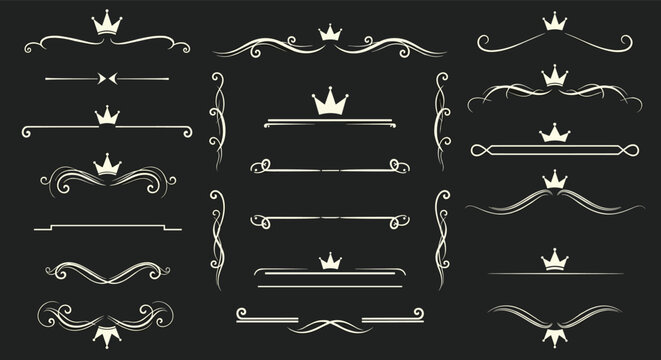 Ornate set of vintage decorative dividers and borders with crown motifs on a dark chalkboard texture background.