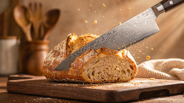 Sharp professional damascus steel chef knife slicing through crusty artisan baked sourdough bread on rustic wooden cutting board with flying crumbs in kitchen