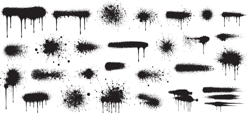 Collection of black spray paint strokes, ink splashes, and grunge drips isolated on white background for design elements and urban graffiti textures.