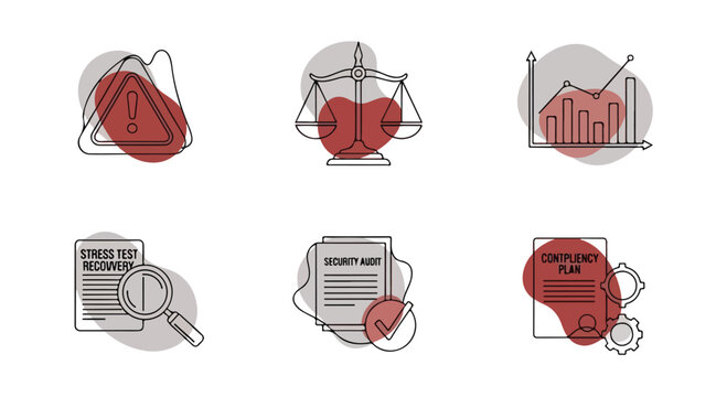 Business risk management icons set, financial stress test and security audit symbols, contingency plan and legal compliance vector illustrations