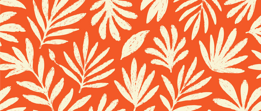 Seamless vector pattern with hand-drawn tropical leaves in a minimalist style on a vibrant orange background. Perfect for textile, wallpaper, and decor.