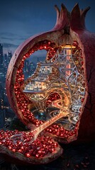 Obraz premium Surreal digital art of scientists working inside a futuristic bio-tech laboratory dome built within a giant open pomegranate, organic sci-fi architecture.
