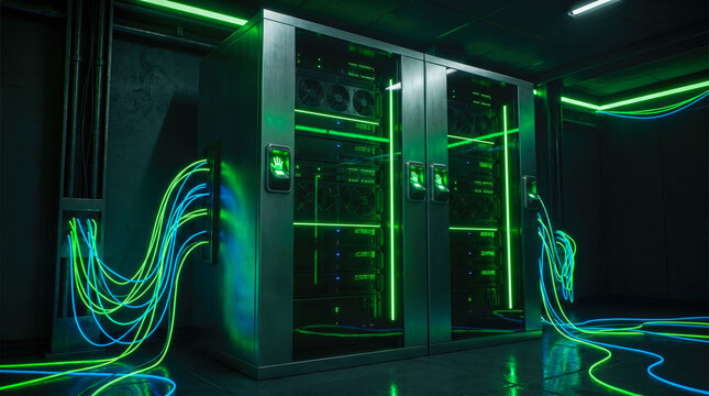 Powerful industrial network server racks illuminated by vibrant green neon lights connecting glowing blue data cables in dark futuristic cyberpunk datacenter 3d rendering