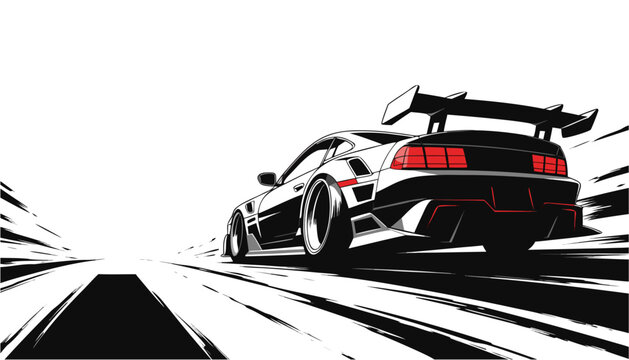 White stanced sports car with a large spoiler and prominent red taillights.

