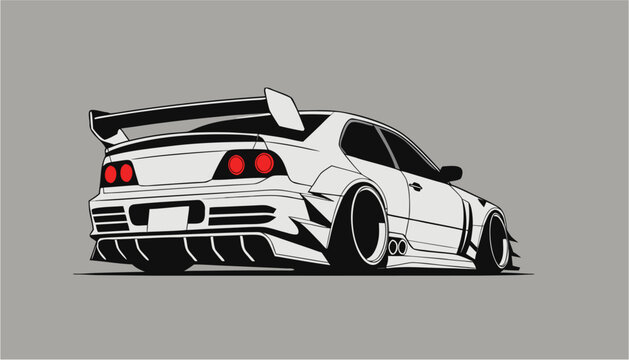 White stanced sports car with a large spoiler and prominent red taillights.

