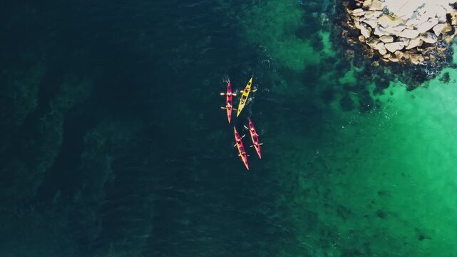Top down vertical drone shot of a group kayaking through turquoise arctic waters in a fjord, Lofoten Islands, Norway. Winter adventure and paddling in the northern sea