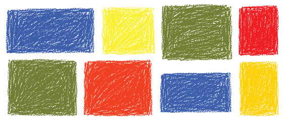 Fototapeta premium Collection of colorful rectangular frames and shapes with a rough crayon or pastel texture, isolated on a white background.