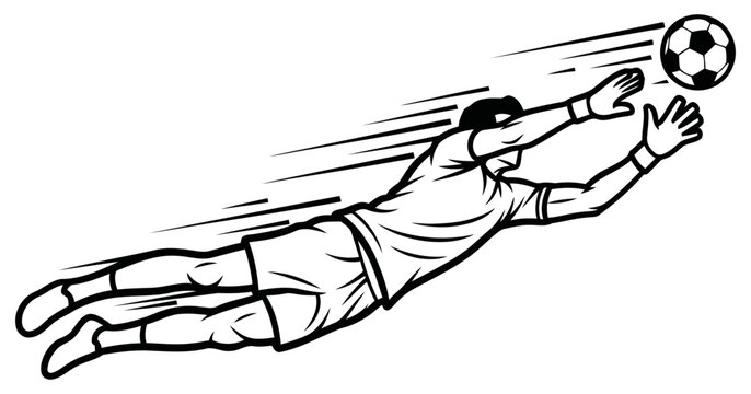 Soccer goalkeeper diving horizontally to catch a ball on a white background