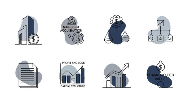 Corporate finance icon set, merger and acquisition business symbols, profit and loss capital structure vector, shareholder value and investment icons