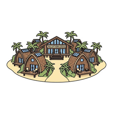 Tropical Beach Houses With Palm Trees.