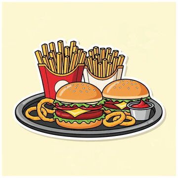 Two cheeseburgers on a plate with fries.