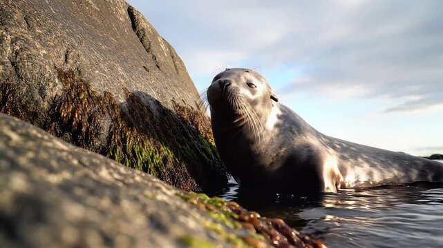An inquisitive wild grey seal emerges from the tranquil coastal waters, resting its head on a mossy rock under a bright sky, showcasing its natural habitat and curious gaze