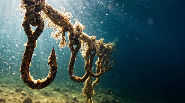 Rusted metal hooks hanging on heavy rope in deep blue ocean water. Submerged fishing gear underwater scene. Marine industrial equipment for aquatic environment