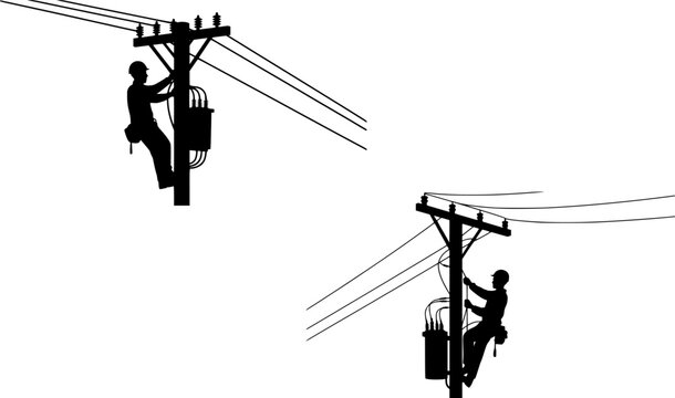 Electric Lineman Worker Silhouette on Power Pole Vector Illustration Set &mdash; Utility Electrical Worker Climbing for Company Branding, Construction, Safety, and Trade Design