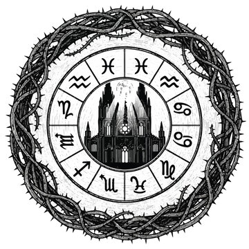 Zodiac wheel with castle center.