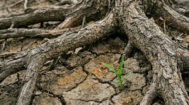 Powerful gnarled tree roots with vibrant green sprout emerging from parched cracked soil