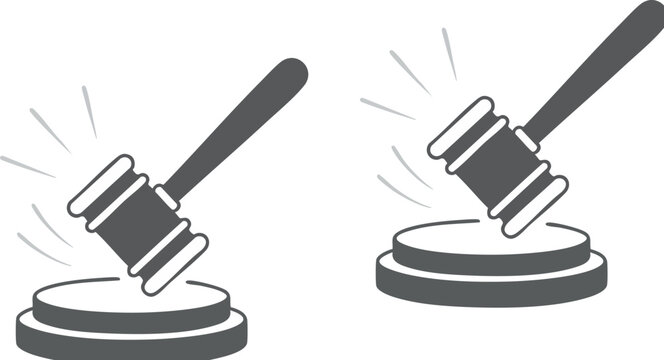 Judge gavel and sound block vector icons, legal auction hammer symbols, justice and law system flat illustrations for courtroom and bidding concepts