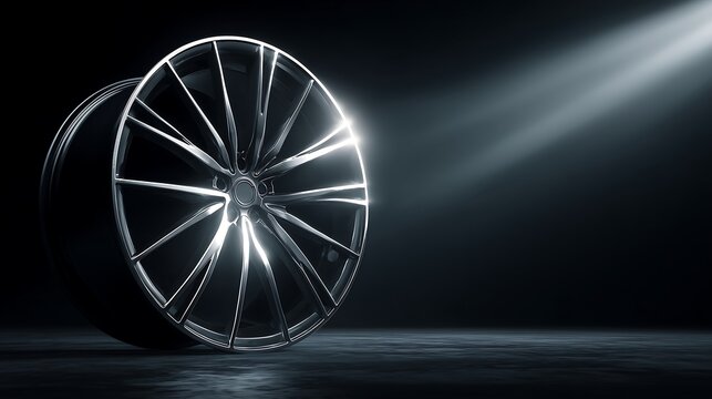 Modern alloy wheel rim on dark background with dramatic lighting and high contrast, premium automotive design concept