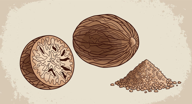 Illustration of whole and cross-sectioned nutmeg seeds next to a pile of ground nutmeg spice on a textured background.