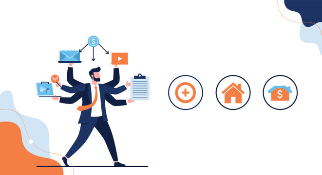 Concept of multitasking in business showing a professional man with many arms holding various office tools and task icons.