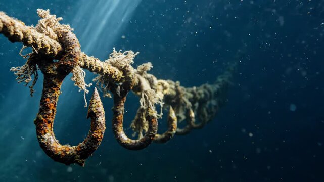 Rusty fishing hooks attached to a thick rope suspended underwater in the deep blue ocean sea. Commercial fishing equipment line submerged in lighting rays