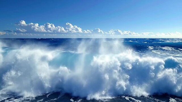 Beautiful ocean waves crashing with white foam under a bright blue sky