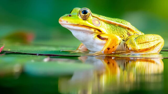 Frog resting on leaf above water in natural setting Generative AI