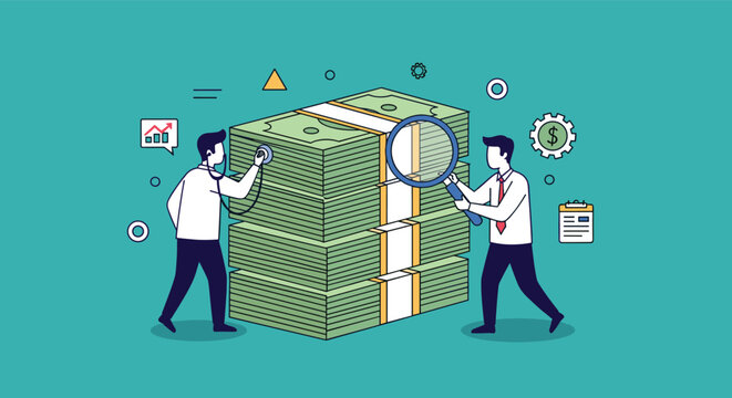 Professional business illustration showing two men examining a large stack of dollar bills with a magnifying glass and stethoscope.