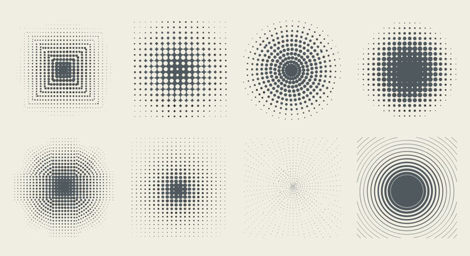 Selection of halftone patterns with different dot densities and shapes like squares and circles for creative background design.