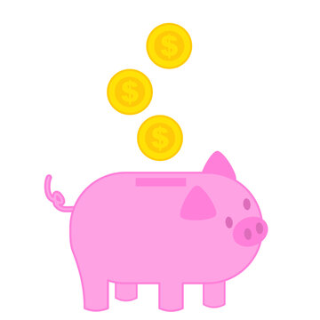 Pink piggy bank and gold coins.Save money.Investment concept.Savings and Finance.Bank digital.Economy, Budget, Banking and Wealth.Sign, symbol, icon and logo isolated.Cartoon vector illustration.