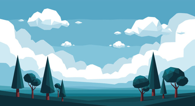 Low poly digital landscape artwork showing a peaceful forest scene with geometric trees and clouds under a blue sky.
